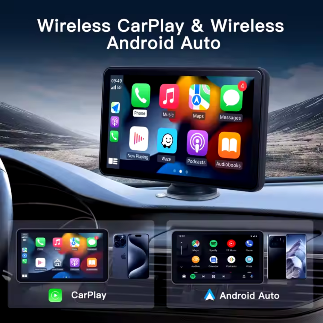 Portable Wireless CarPlay 7-Inch Screen for Apple & Android Auto Easy Setup Touchscreen with GPS Navigation Bluetooth FM and Mirror Link