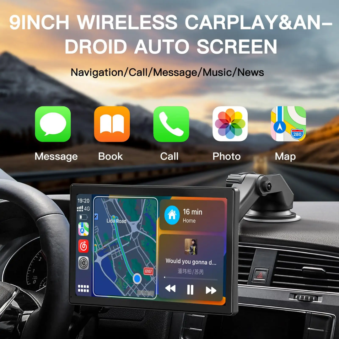 Wireless Apple Carplay & Android Auto with 2.5K Dash Cam 1080P Backup Camera Portable 9" HD IPS Screen GPS Navigation