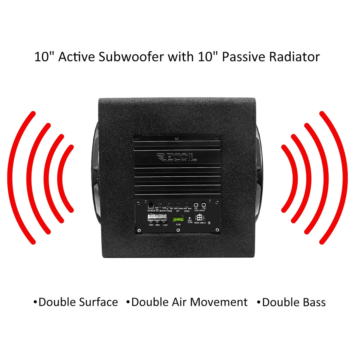 Recoil SW10P Car Audio 10 Inch Active Subwoofer With Passive Radiator 600W Amplifier 8AWG Complete Wiring Kit