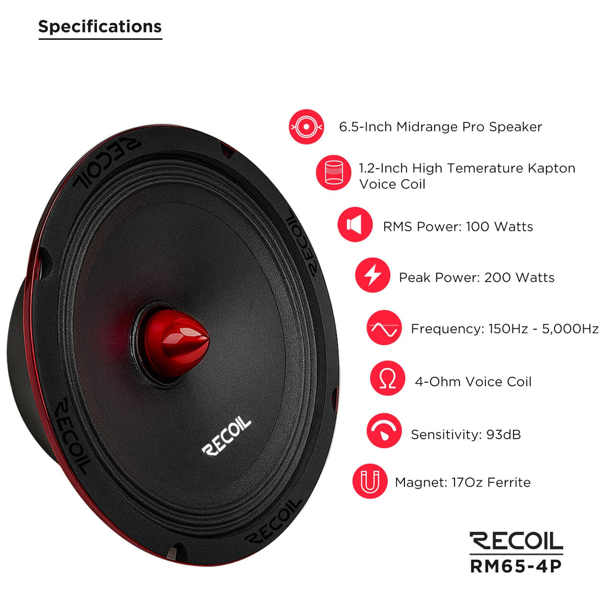 Recoil RM65-4P 6.5-Inch Red Storm Series High-Power Midrange Speaker 125W RMS