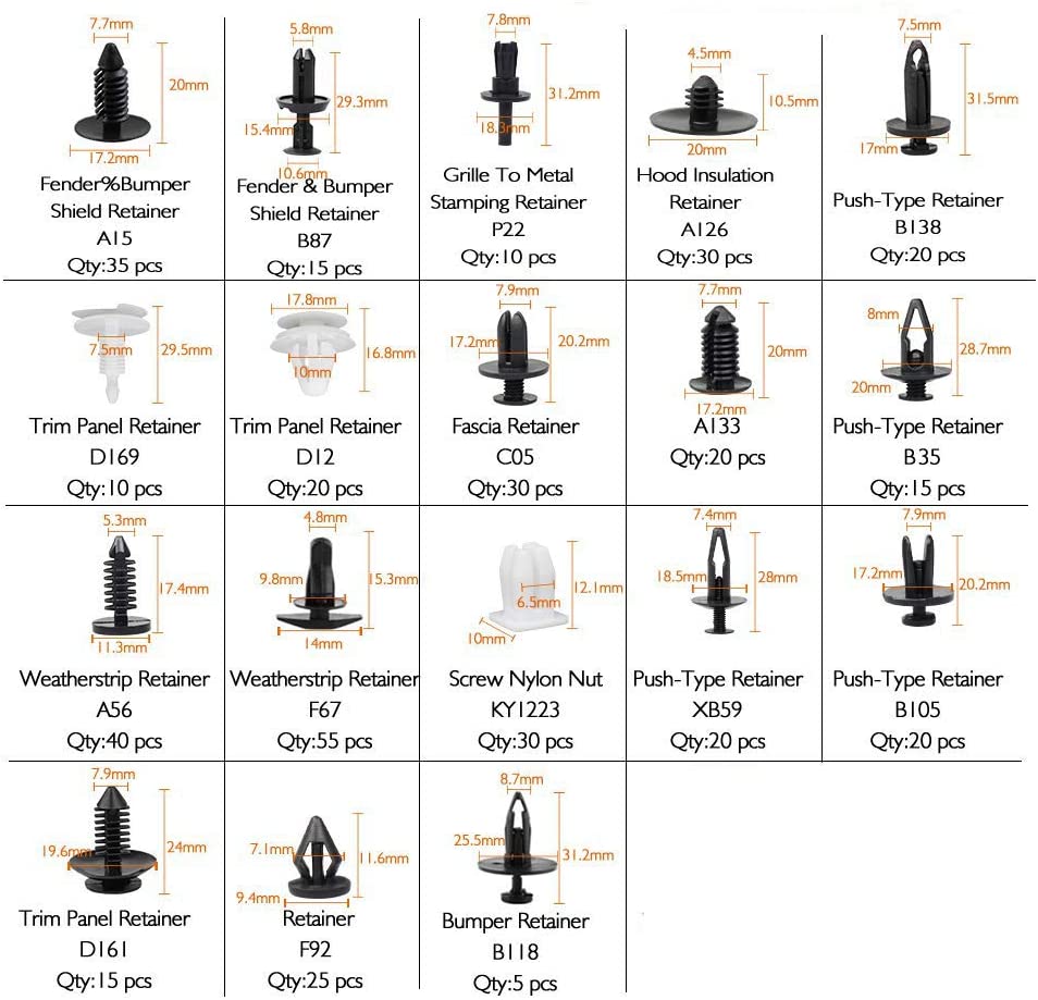 415 PCS Car Retainer Clips & Plastic Fasteners Kit-18 Most Popular Sizes