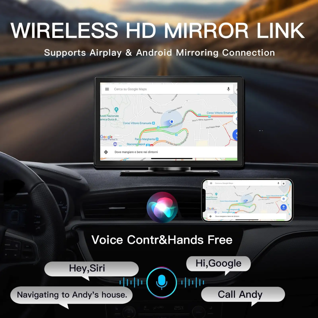 Wireless Apple Carplay & Android Auto with 2.5K Dash Cam 1080P Backup Camera Portable 9" HD IPS Screen GPS Navigation