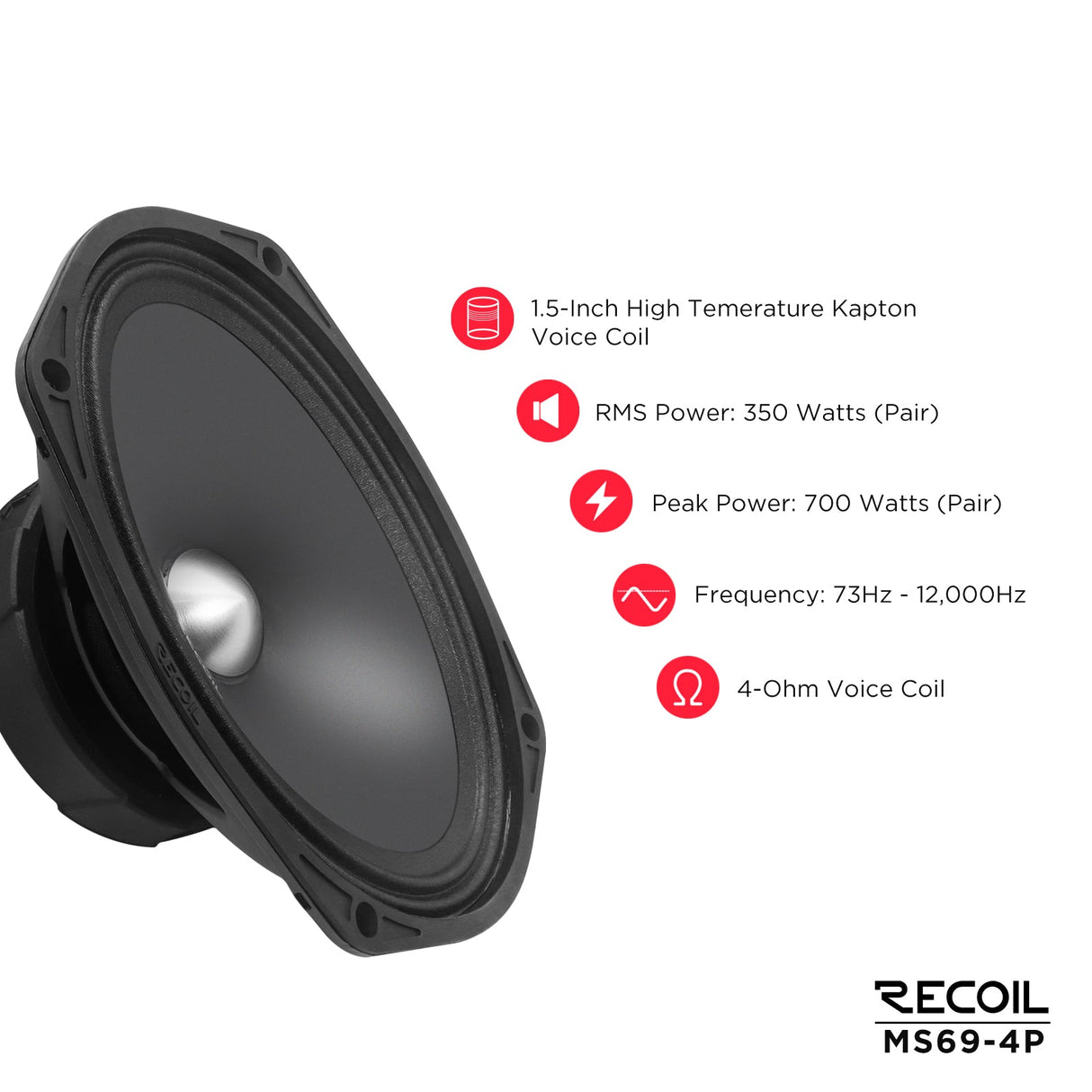 Recoil MS69-4P 6X9-Inch Midrange Pro Audio Car Speakers 700W Max 350W RMS (Pair) 4Ohm
