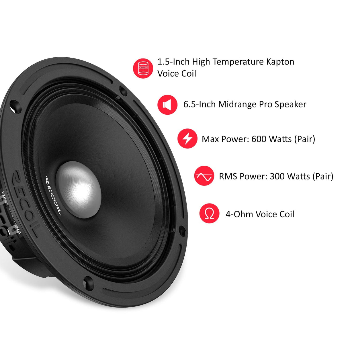 Recoil MS65-4P 6.5-Inch Midrange Pro Audio Car Speakers 600W Max 300 Watts RMS