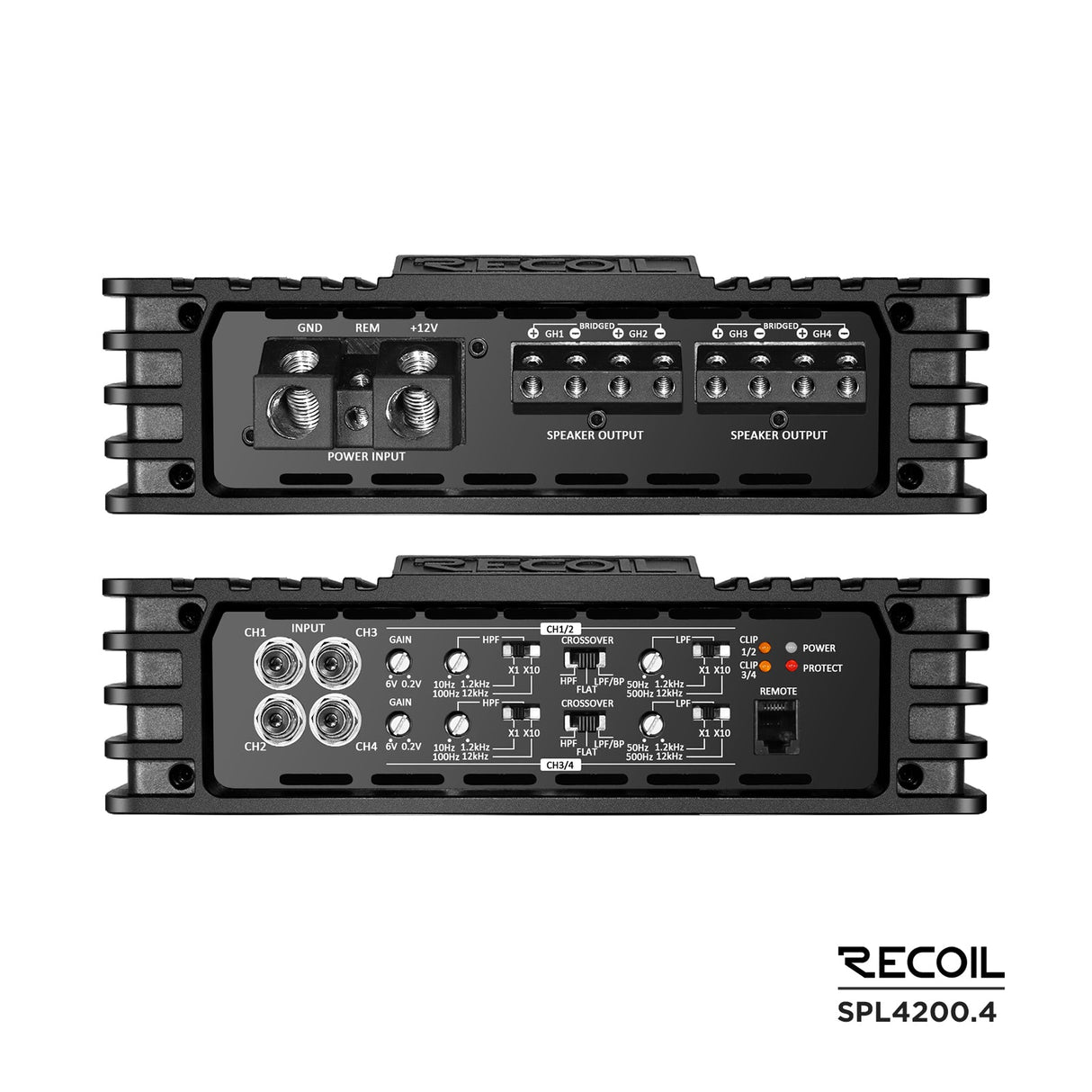 Recoil SPL4200.4 4200 WATTS CLASS-D 4-CHANNEL AMPLIFIER
Power @1Ohm (14.4V) 1050W x 4
P