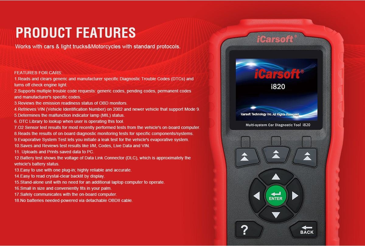 Motorcycles And Cars Diagnostic Tool iCarsoft i820 with Motorcycle Main Cable