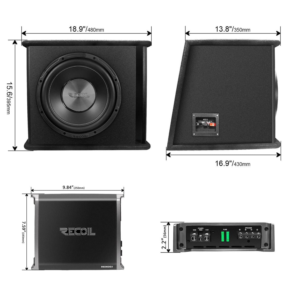 Recoil RS12K Single 12inch Complete Subwoofer and Amplifier Bass Package 4AWG Wiring Kit