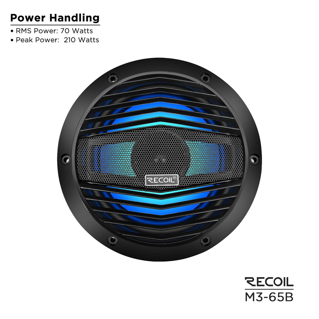 Recoil M3-65B 6.5 Inch 2-Way Marine Boat Coaxial Speakers with Built-in RGB LED 210W Max