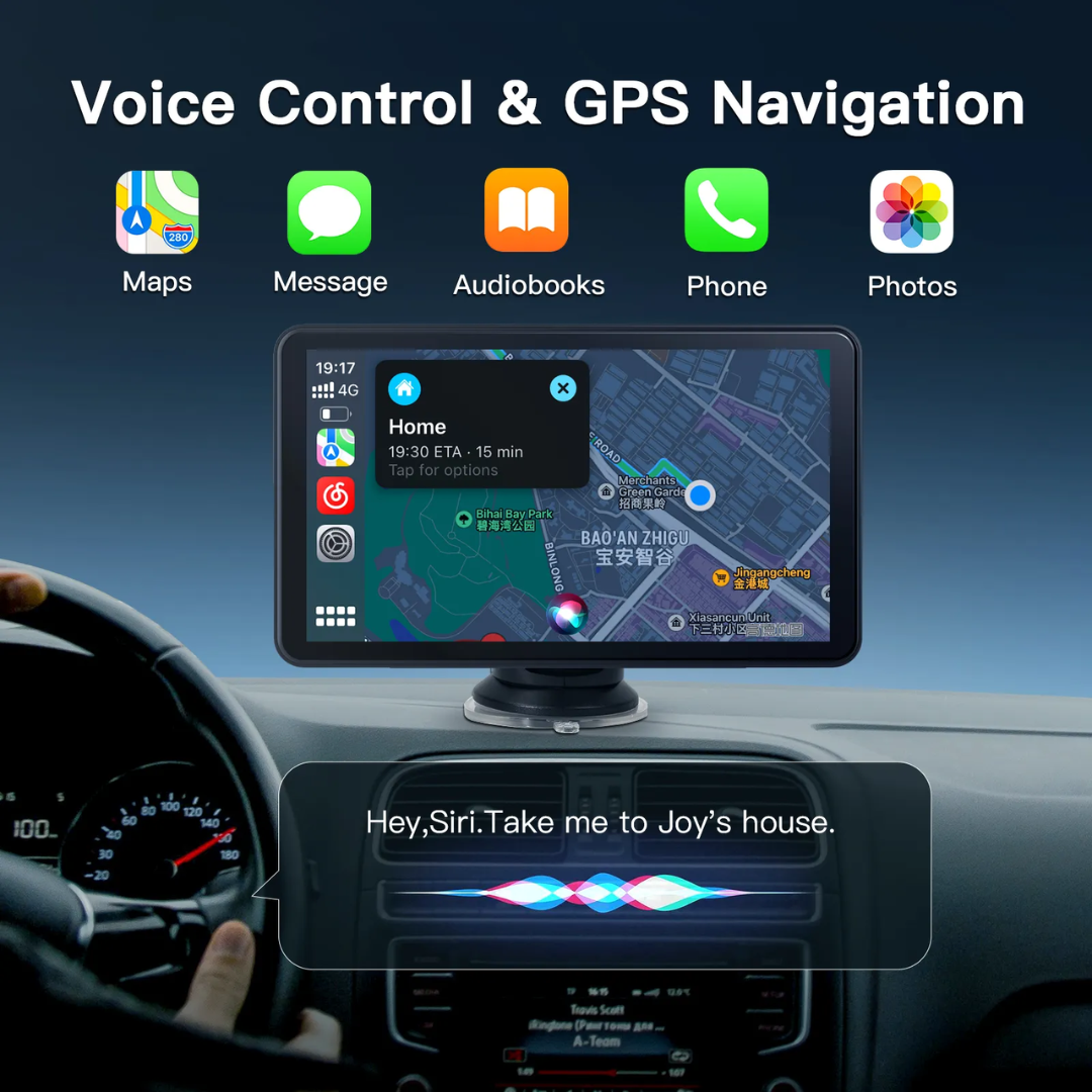 Portable Wireless CarPlay 7-Inch Screen for Apple & Android Auto Easy Setup Touchscreen with GPS Navigation Bluetooth FM and Mirror Link