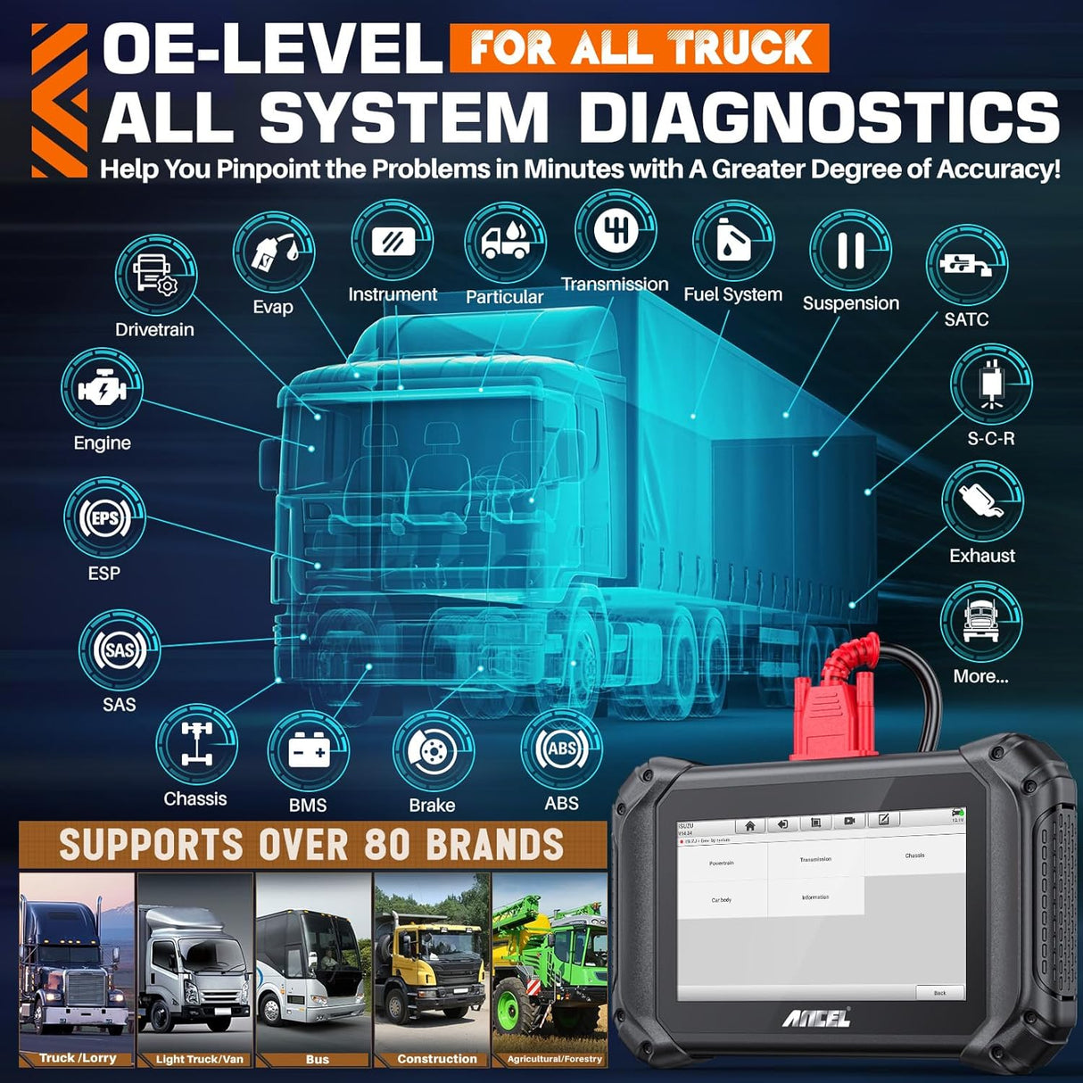 ANCEL V5 HD Heavy Duty Truck Scanner Bidirectional Diesel Scan Tool 40+ Reset Functions