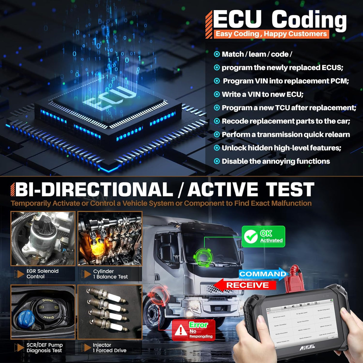 ANCEL V5 HD Heavy Duty Truck Scanner Bidirectional Diesel Scan Tool 40+ Reset Functions