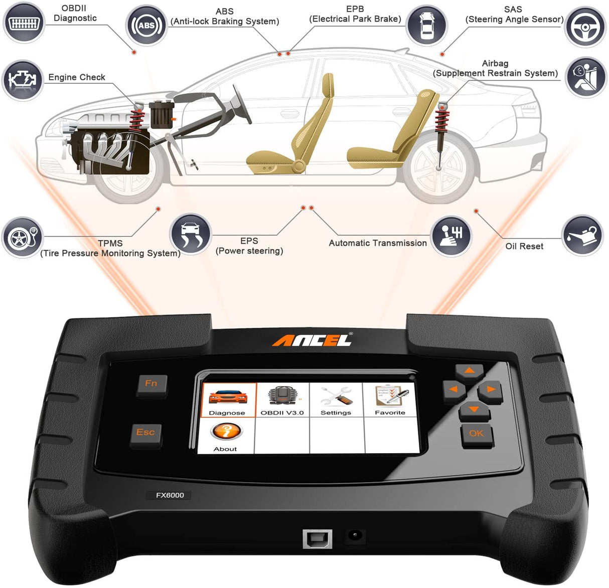 Professional Car Scanner Full Sytem Ancel FX6000 read Clear Codes Reset DPF Oil