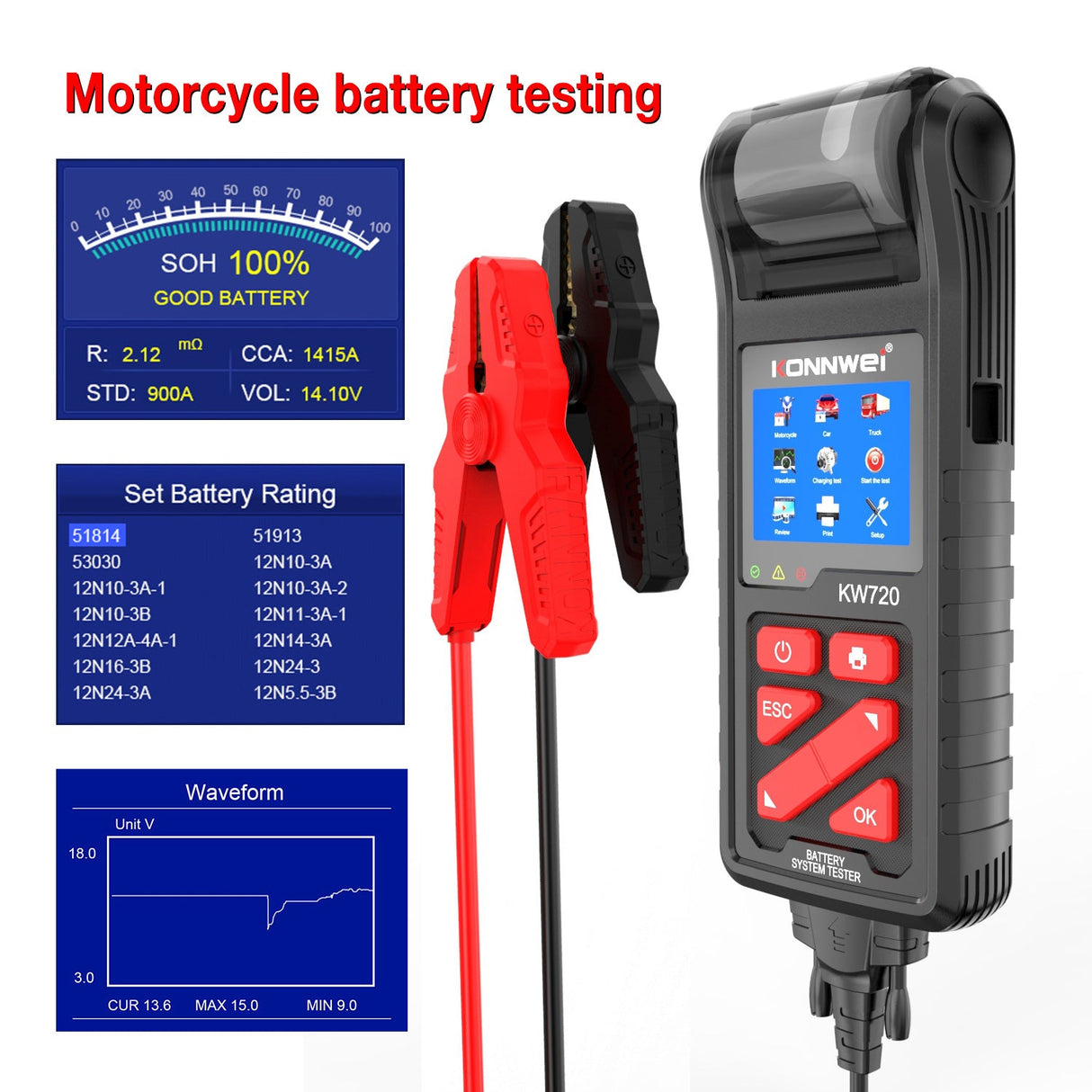 Professional Battery Tester Konnwei KW720 6V 12V 24V W/Printer 100-2000CCA