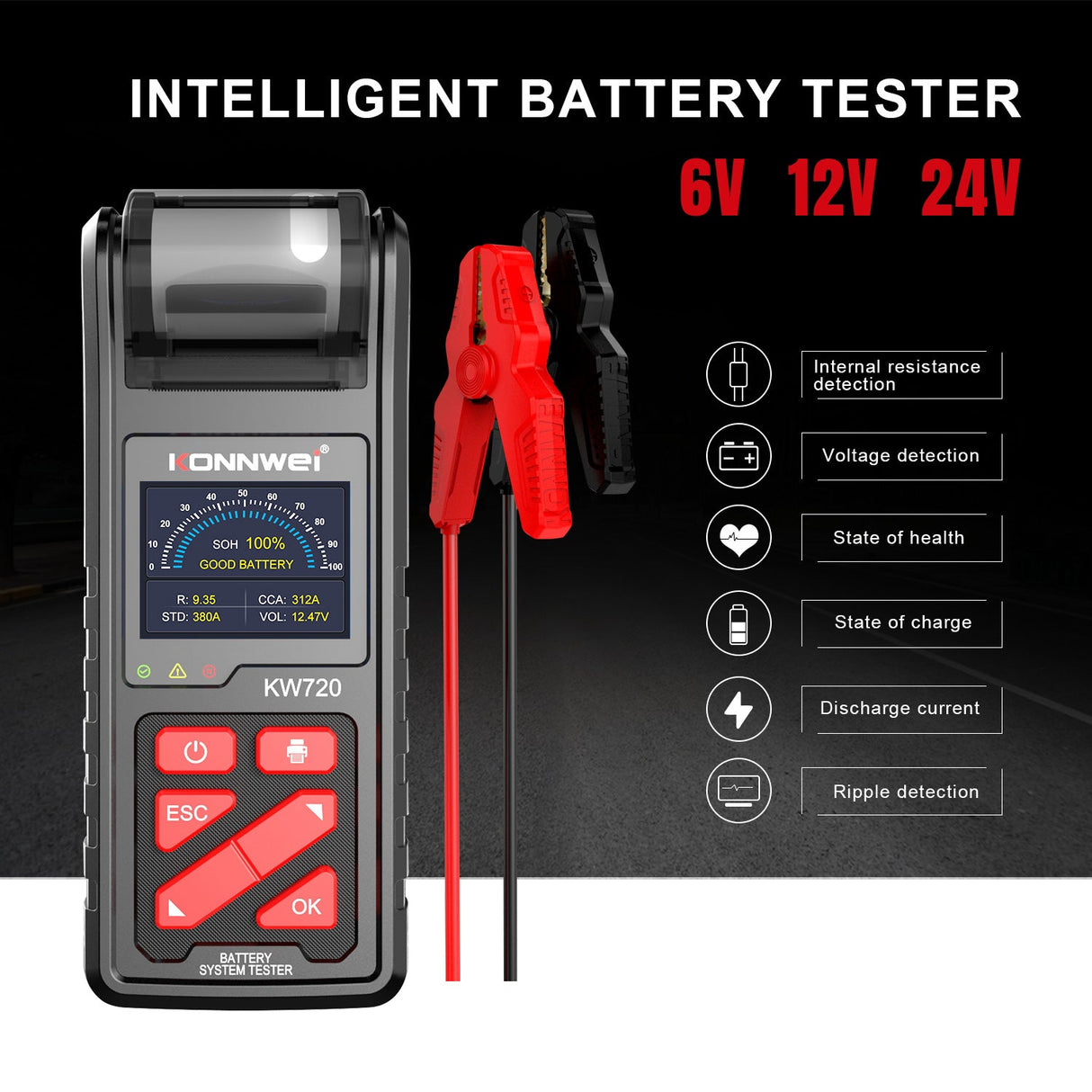 Professional Battery Tester Konnwei KW720 6V 12V 24V W/Printer 100-2000CCA