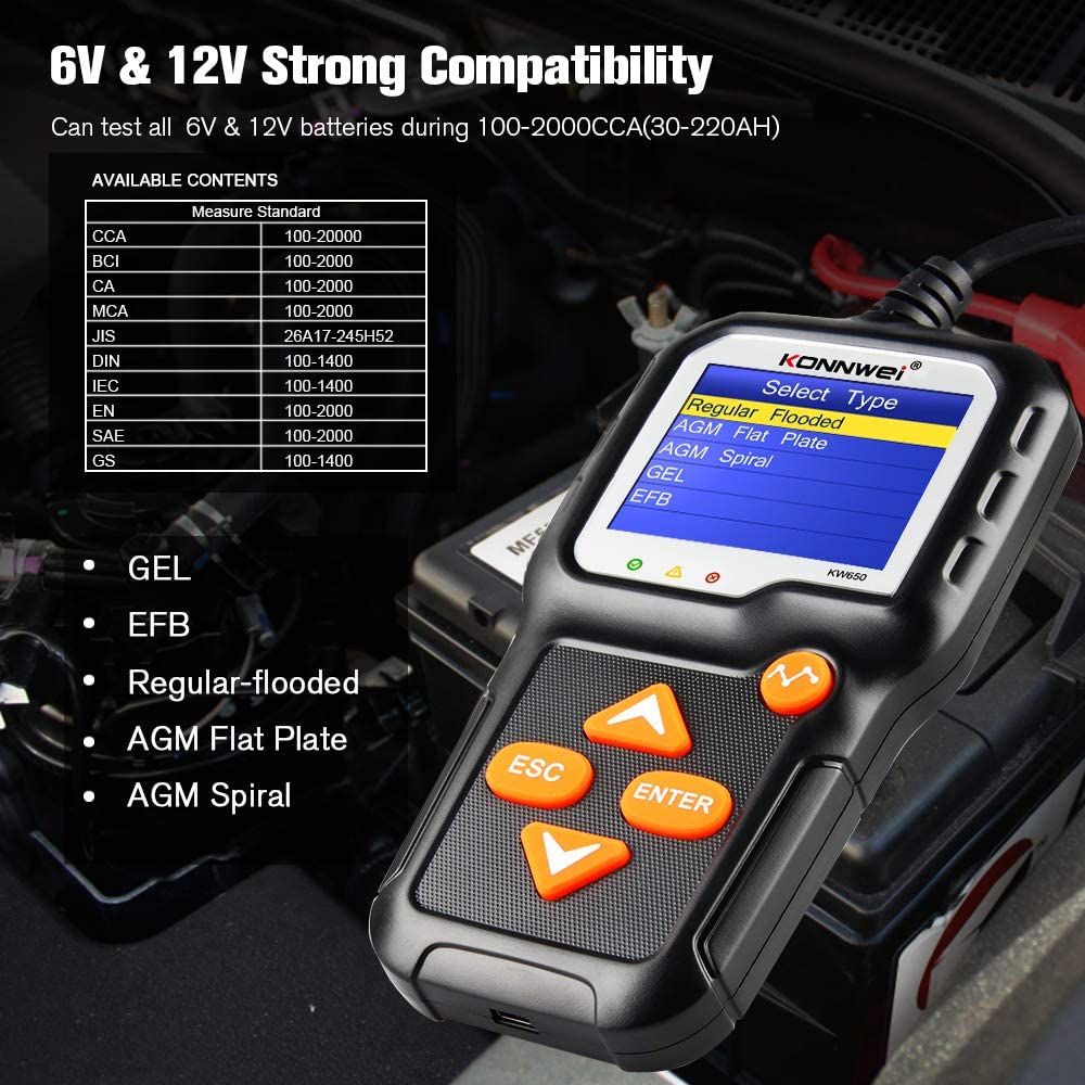 Battery Tester 12V 6V Konnwei KW650 Car Motorcycle Boat Battery System Analyzer