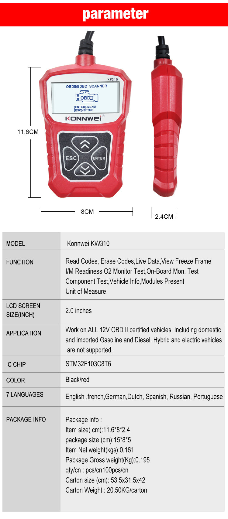OBD2 Scanner KONNWEI KW310 Car Code Reader Full OBDII Functions 10 Modes Engine