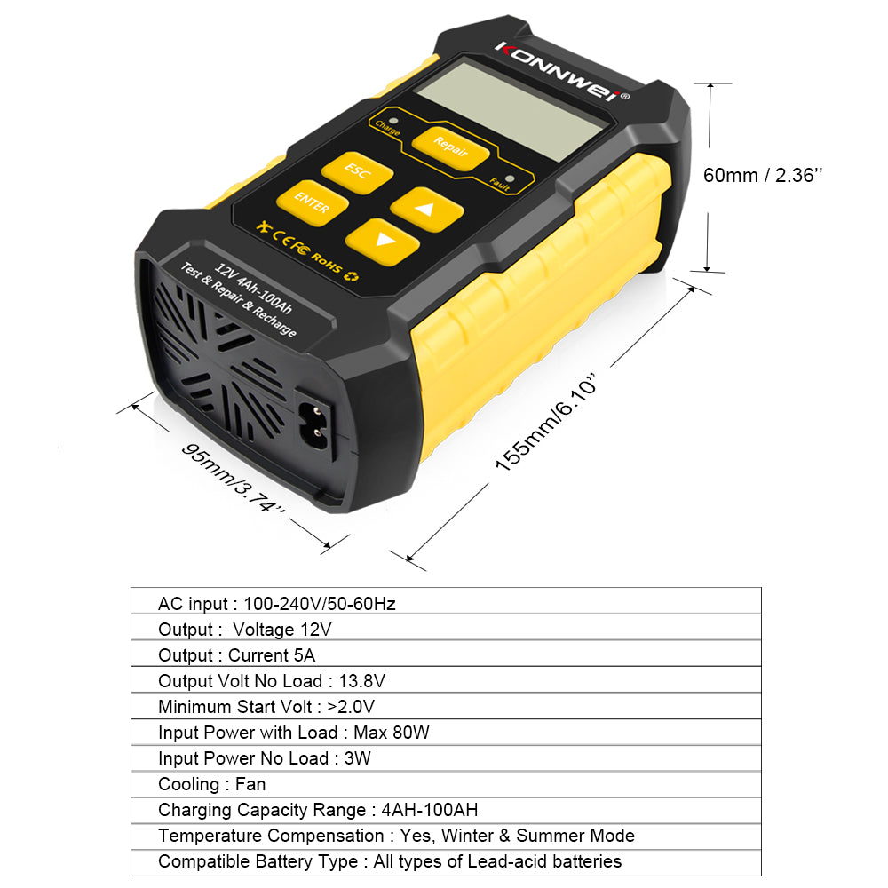 Car Battery Charger 12V 3in1 Charger Tester Konnwei KW510 Battery Desulfator