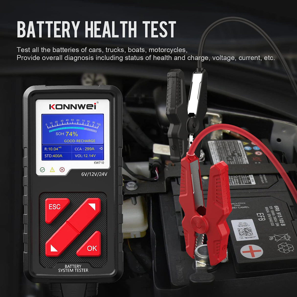 Car Battery Tester 6V 12V 24V Konnwei KW710 New Model For Cars Trucks Motorcycle