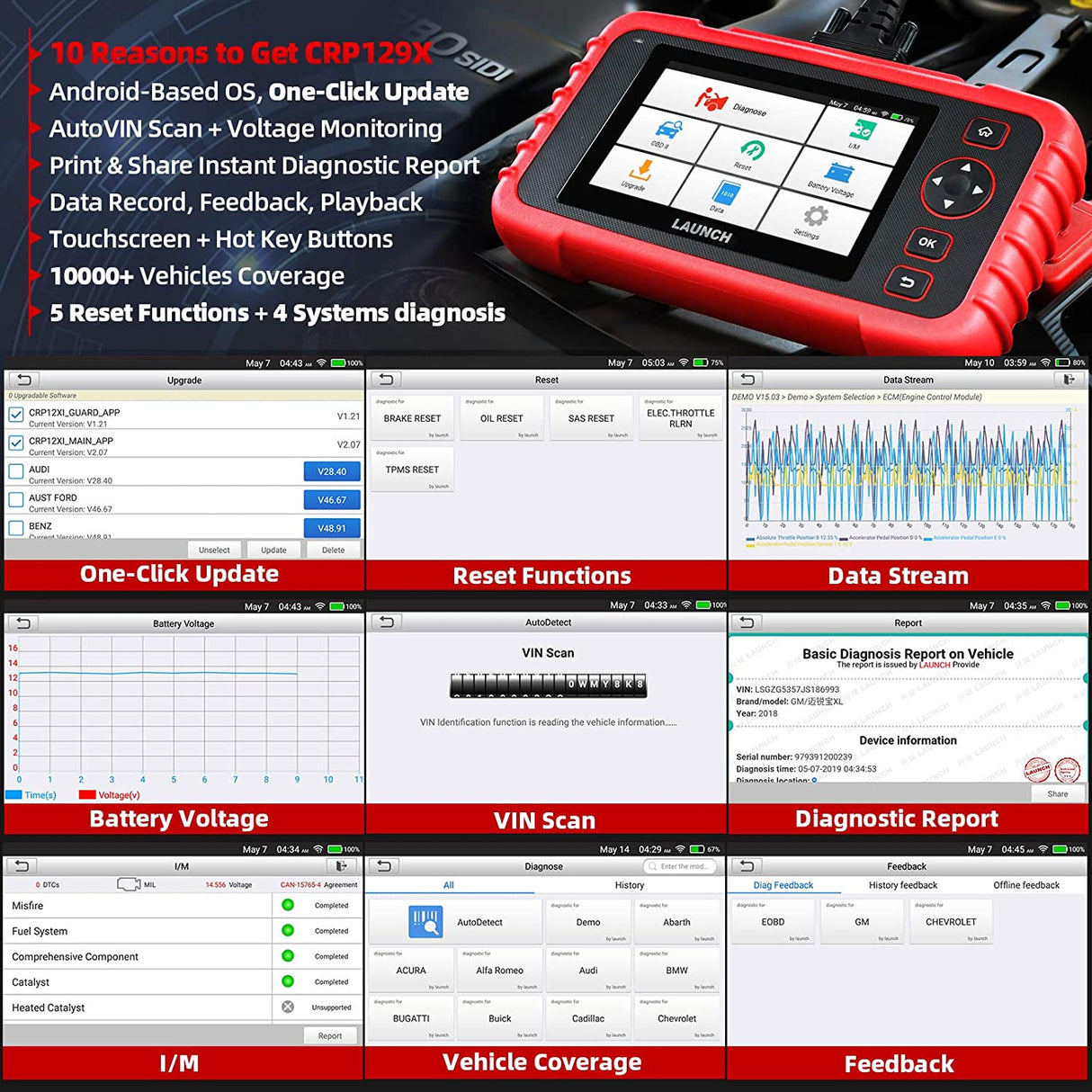 Car Scan Tool Launch CRP129X V3.0 2026 OBDII Engine Transmission ABS SRS Oil/EPB/SAS/
