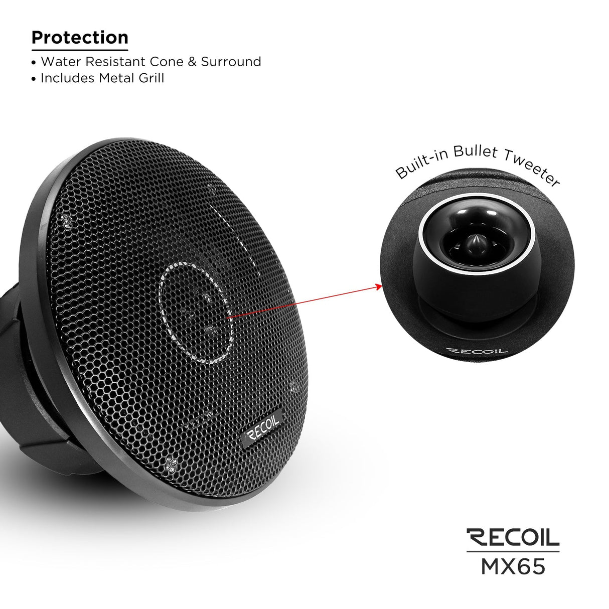 Recoil MX65 Pair 6.5-Inch Midrange Coaxial Speakers with Bullet Tweeters 560W Max 280W RMS