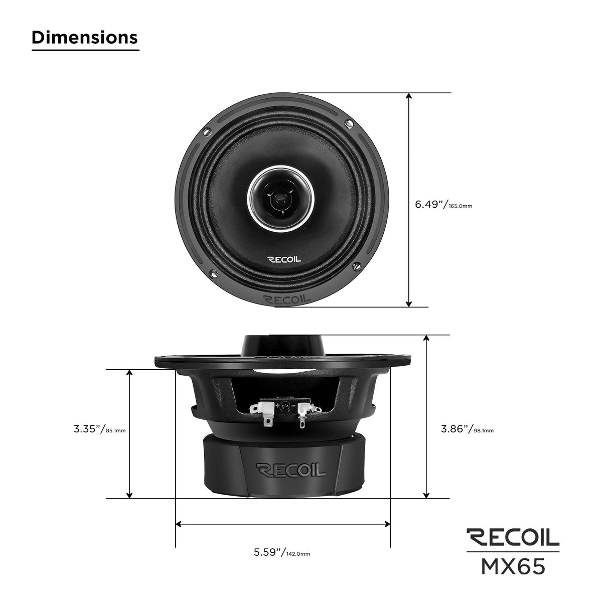 Recoil MX65 Pair 6.5-Inch Midrange Coaxial Speakers with Bullet Tweeters 560W Max 280W RMS