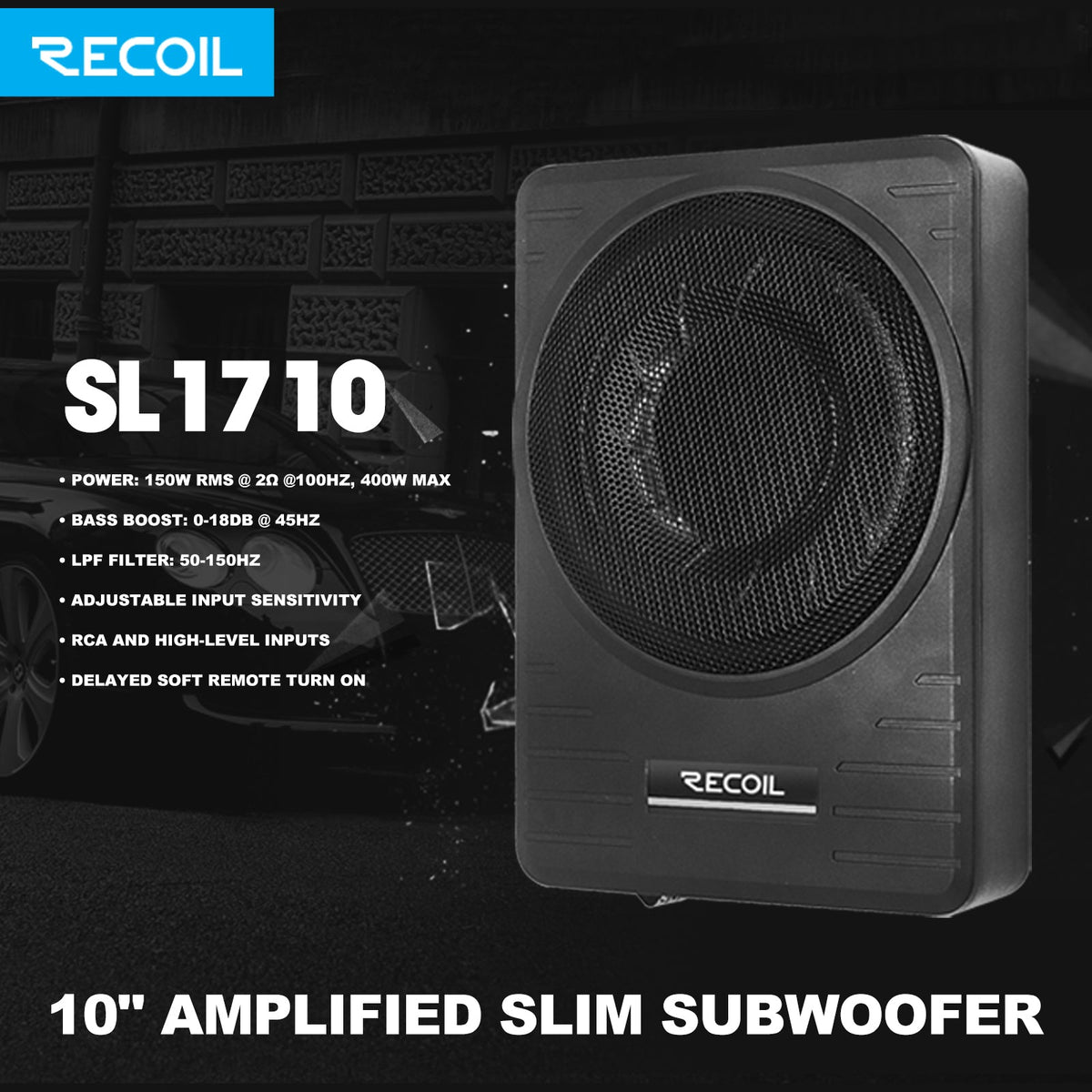 Recoil Under Seat Car Subwoofer 10″ 300W Max