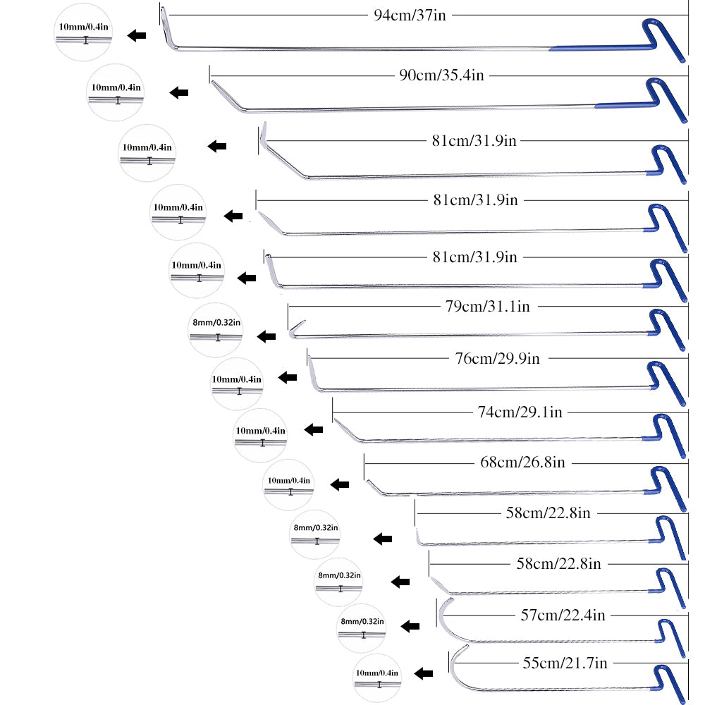 Super PDR 13 Pieces Heavy Duty Rods Paintless Dent Removal Tool Set