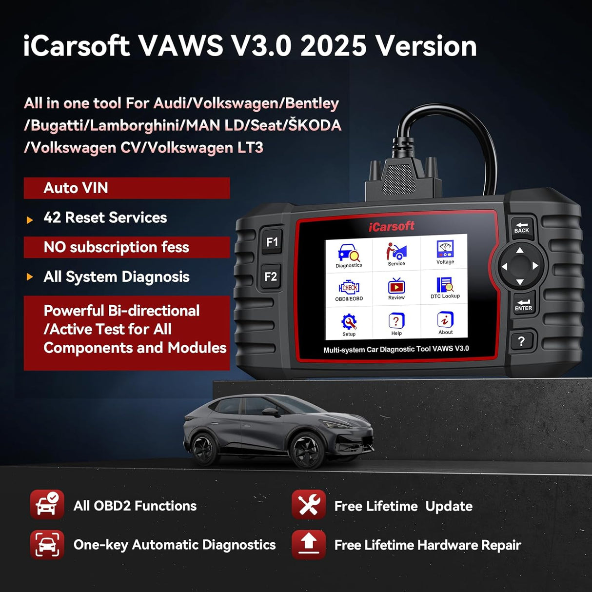 iCarsoft VAWS V3.0 2025 Bidirectional Scan Tool for VW, Audi, Bentley, Seat, Skoda and etc, 42 Special Services Full Systems OBD2 Diagnostic Scanner ECU Coding in-Depth Code Reader