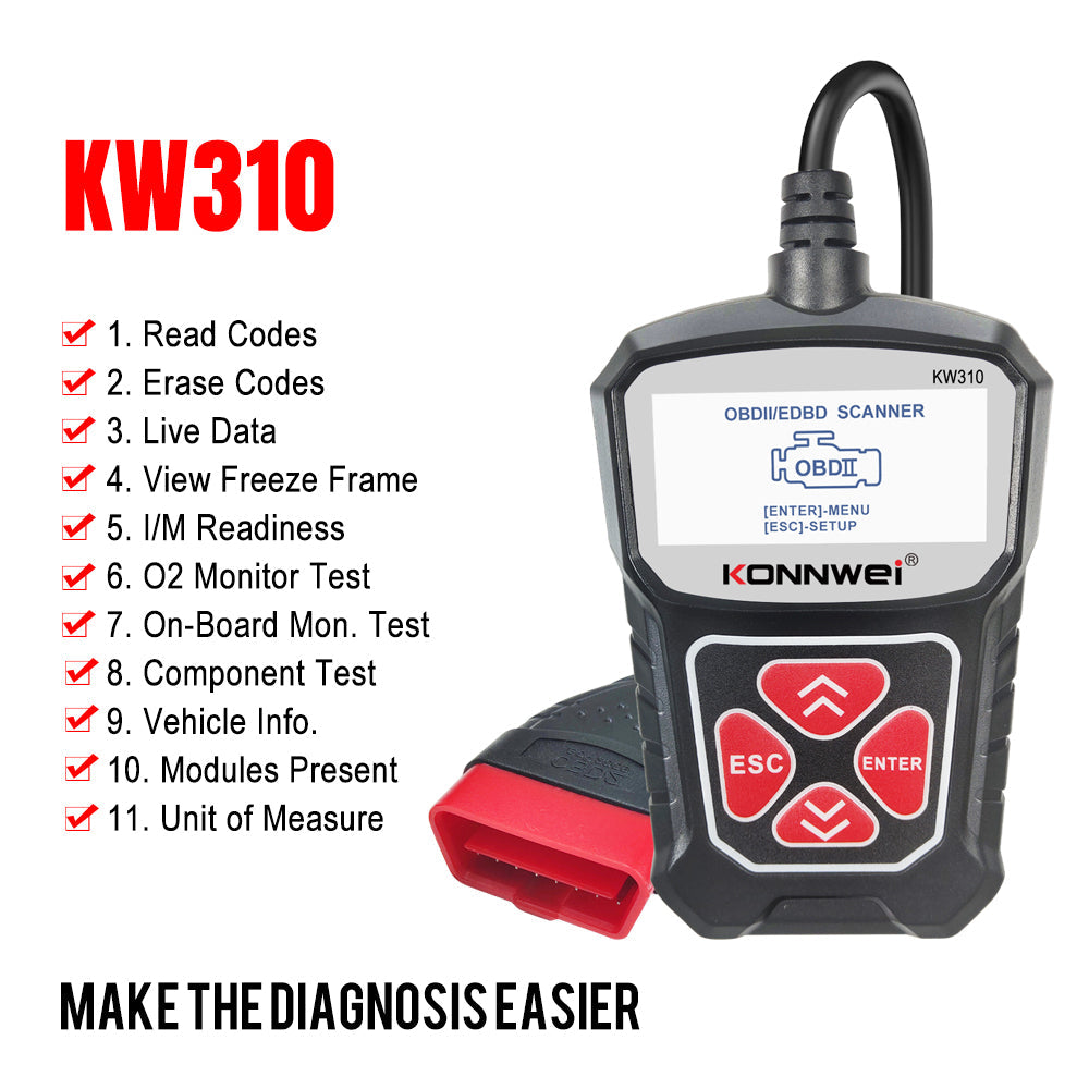 OBD2 Scanner KONNWEI KW310 Car Code Reader Full OBDII Functions 10 Modes Engine