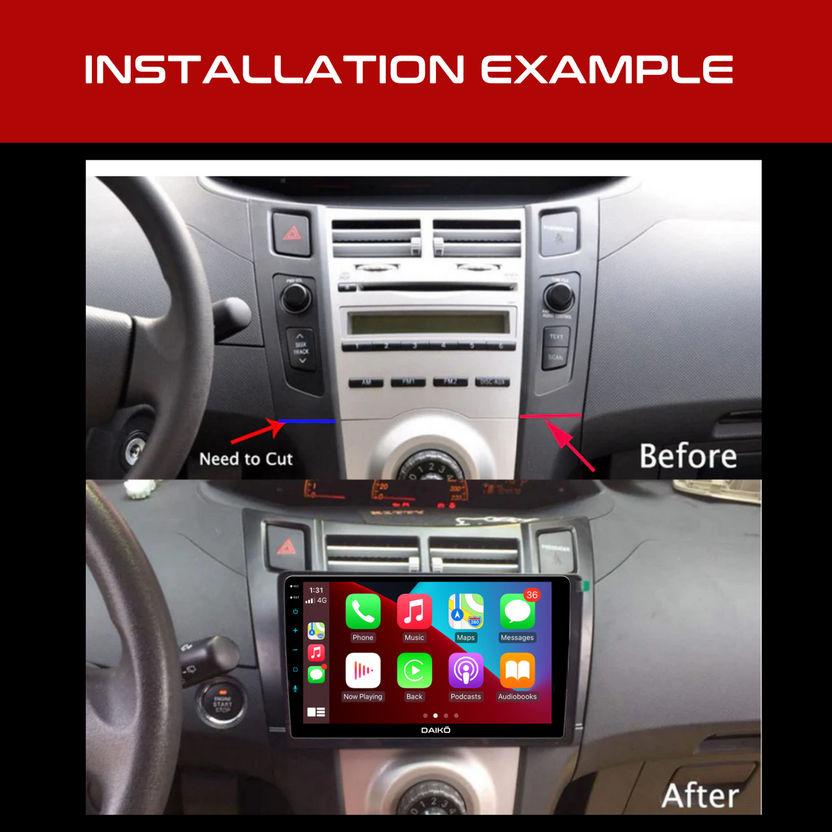 Daiko Car Stereo Wireless Carplay Android Auto For Toyota Vitz Yaris 2005-2012