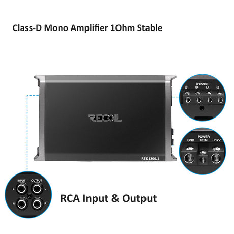 Recoil RED1200.1 Car Amplifier 2500 Watts Max Class-D Car Audio Mono-block Amp