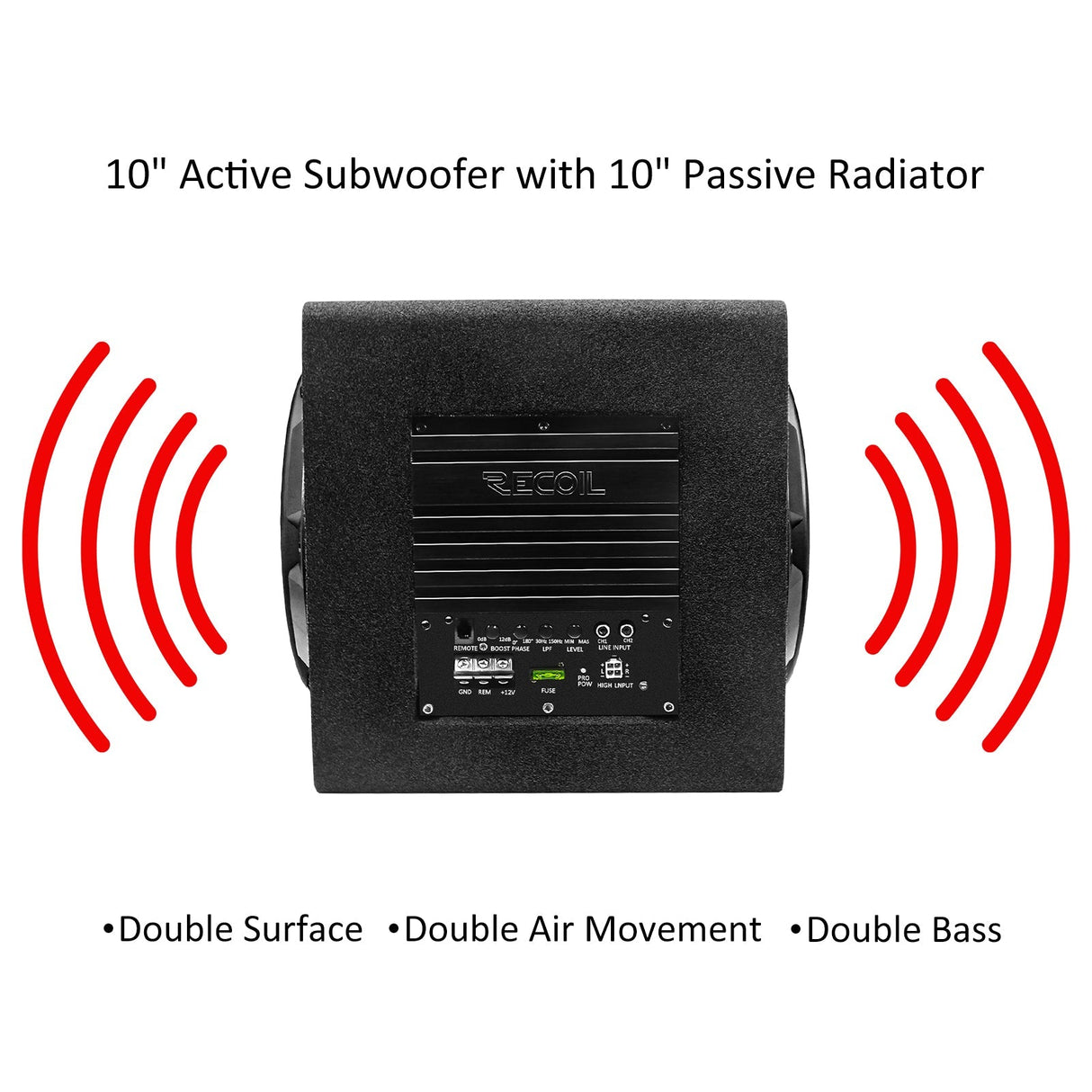 Recoil SW10P Car Audio 10 Inch Active Subwoofer With Passive Radiator 600W Amplifier 8AWG Complete Wiring Kit