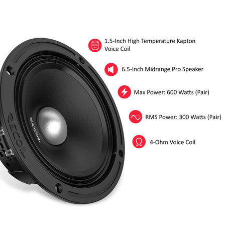 Recoil MS65-4P 6.5-Inch Midrange Pro Audio Car Speakers 600W Max 300 Watts RMS