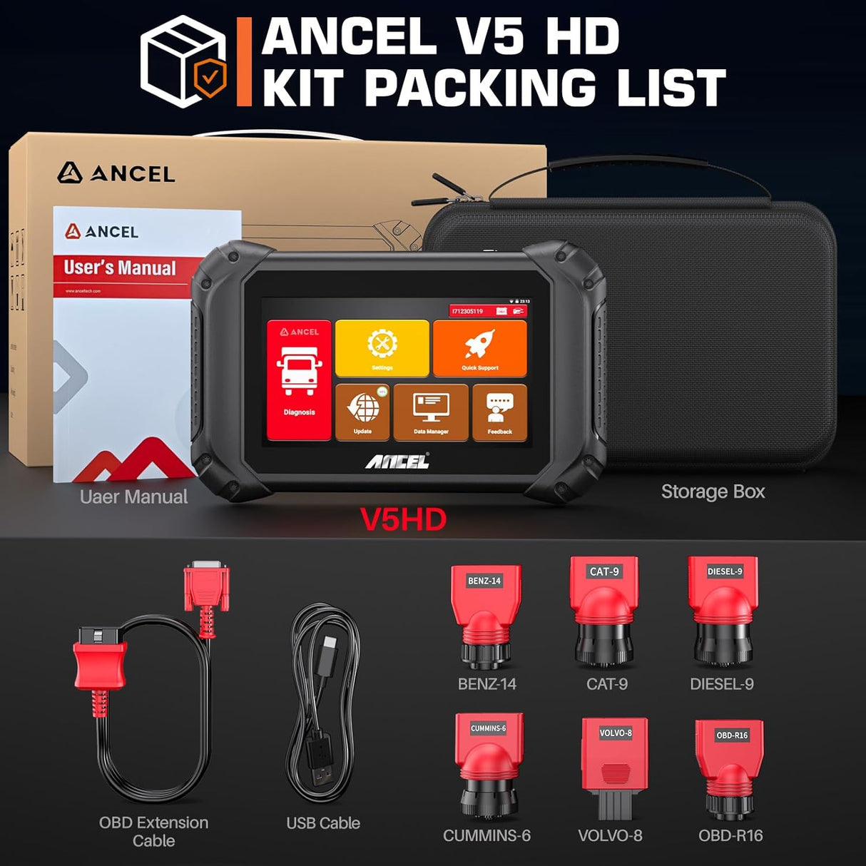 ANCEL V5 HD Heavy Duty Truck Scanner Bidirectional Diesel Scan Tool 40+ Reset Functions