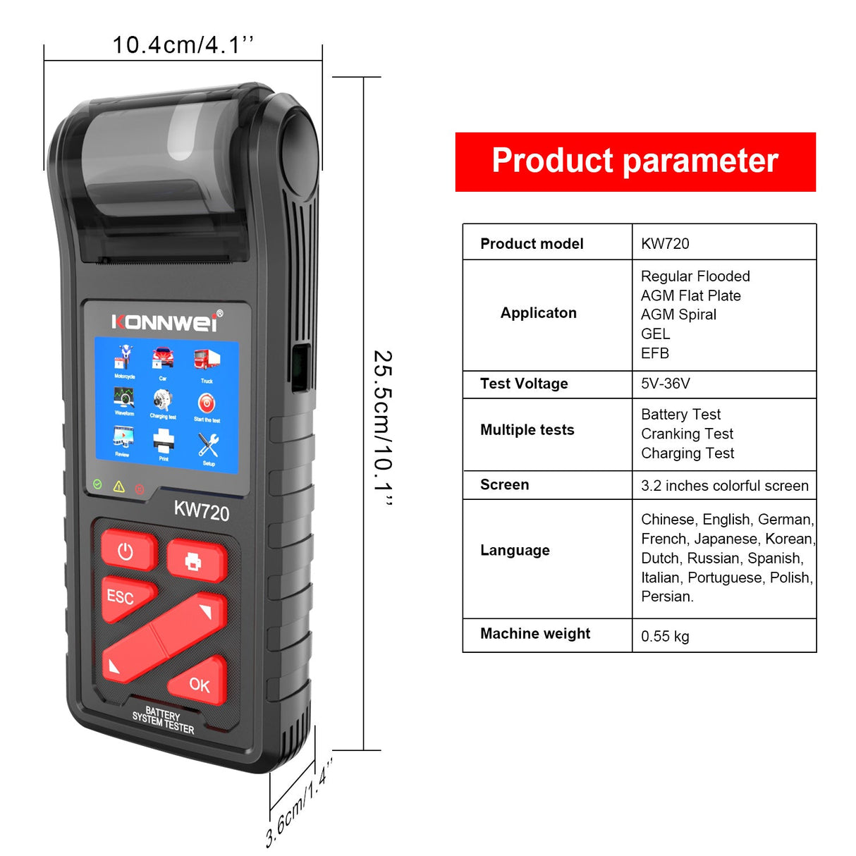 Professional Battery Tester Konnwei KW720 6V 12V 24V W/Printer 100-2000CCA