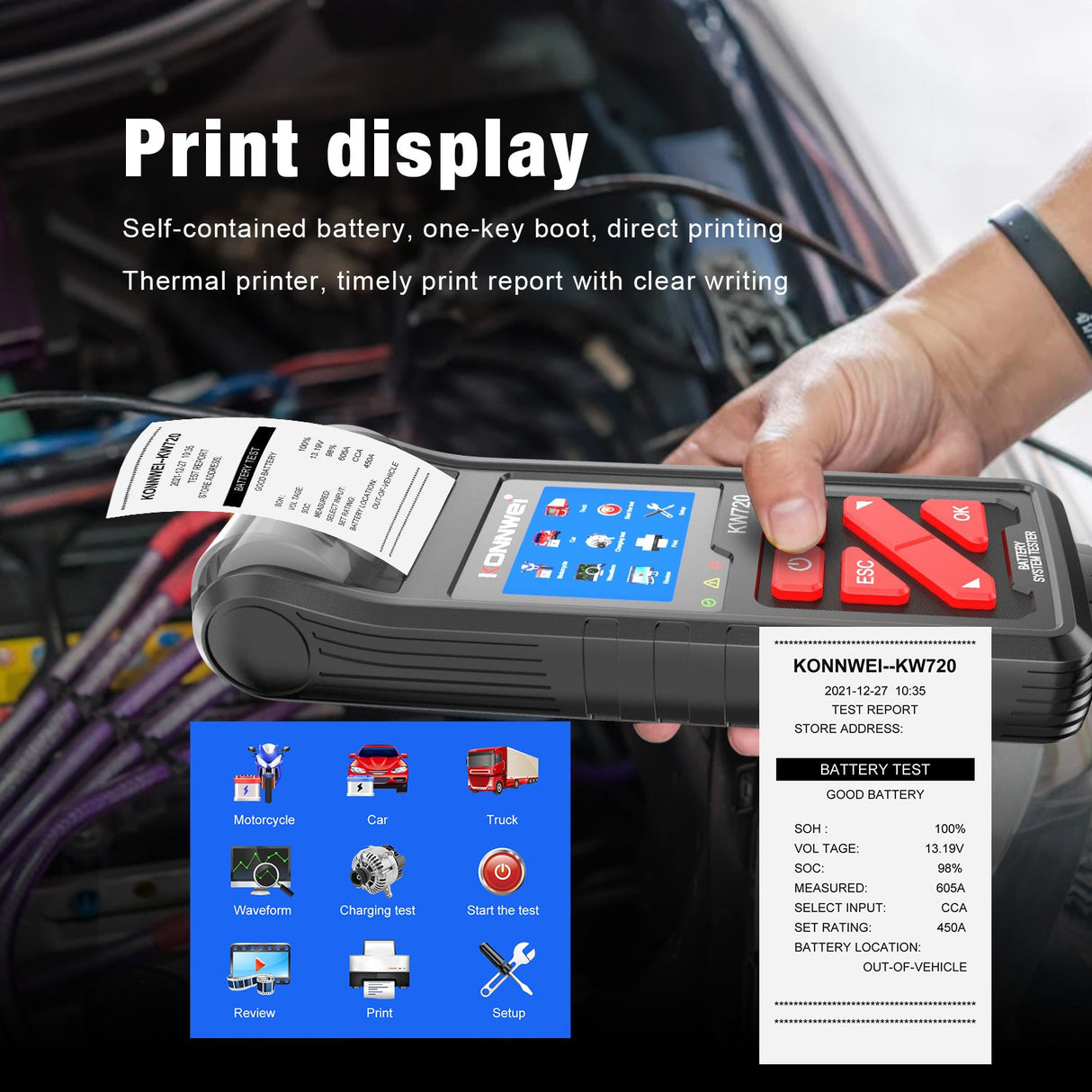 Professional Battery Tester Konnwei KW720 6V 12V 24V W/Printer 100-2000CCA
