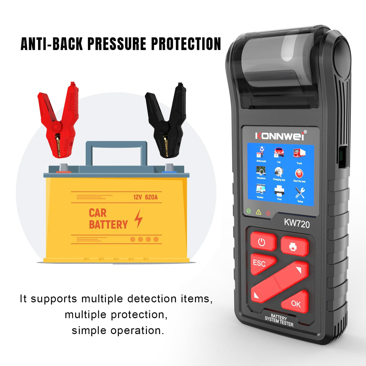 Professional Battery Tester Konnwei KW720 6V 12V 24V W/Printer 100-2000CCA